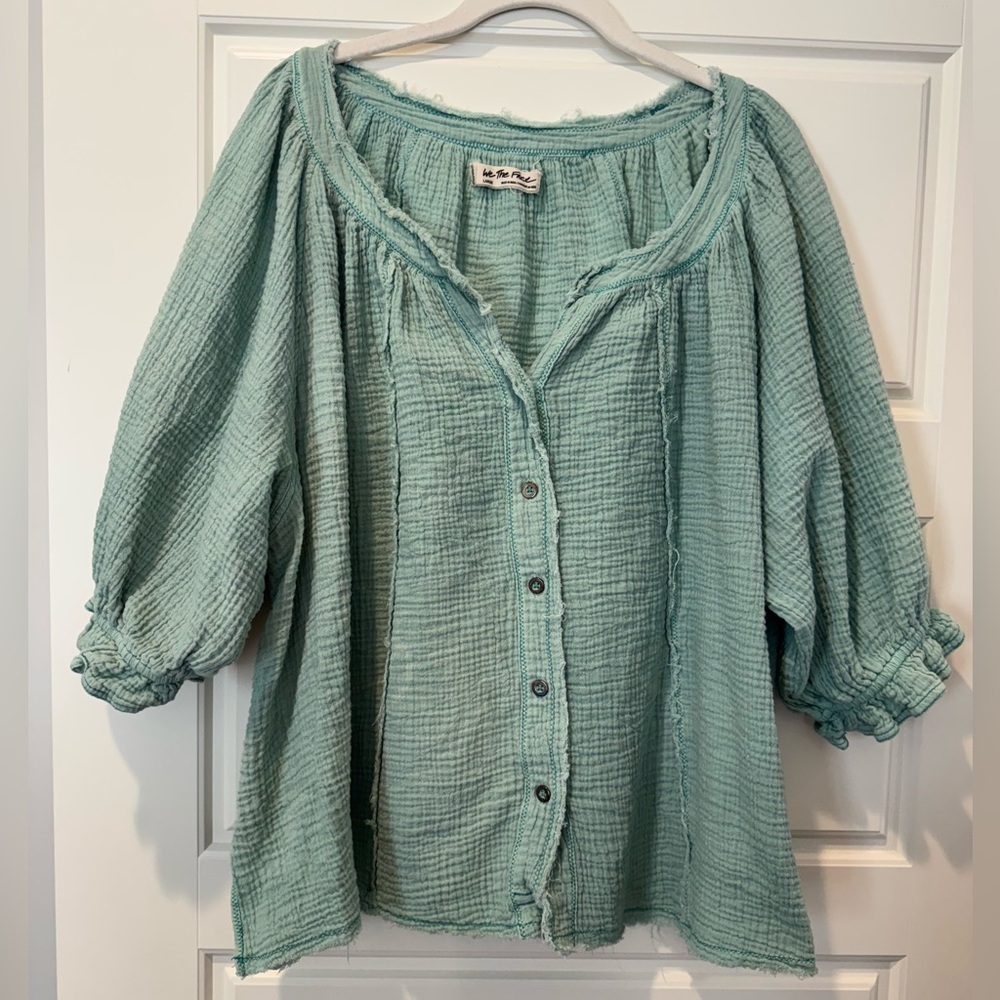 We The Free Blue/Green Puff Sleeve Blouse